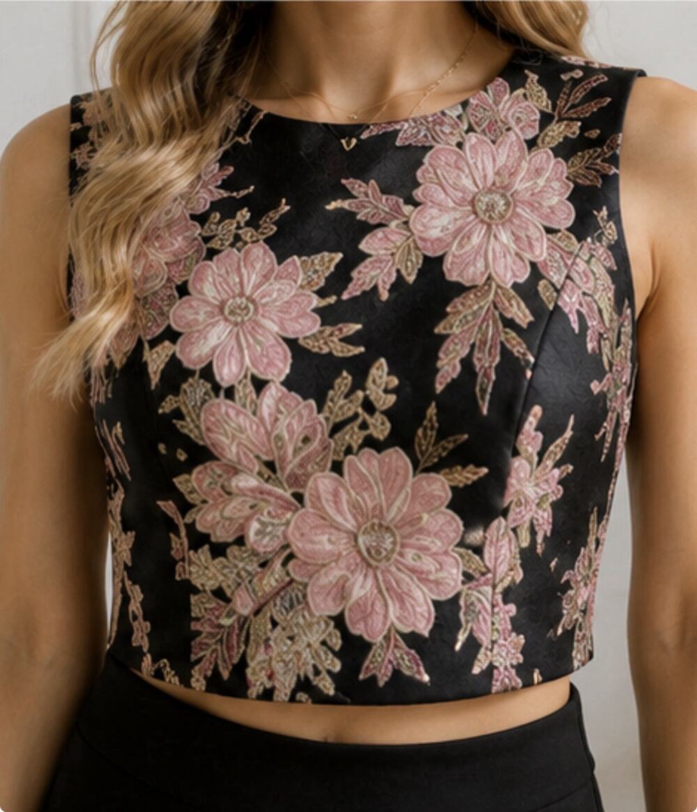 Miss Selfridge Floral Jacquard Sleeveless Crop Top Black Pink Women’s US 2 NWT